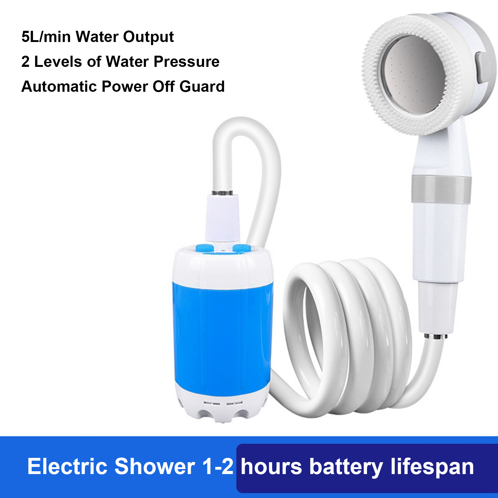 Outdoor Power 'Hose' - ฝักบัวอาบน้ำกลางแจ้งแบบพกพา ใช้แบตเตอรี่ ฝักบัวมือถือสำหรับตั้งแคมป์ 2 โหมดฉีด สายยาว