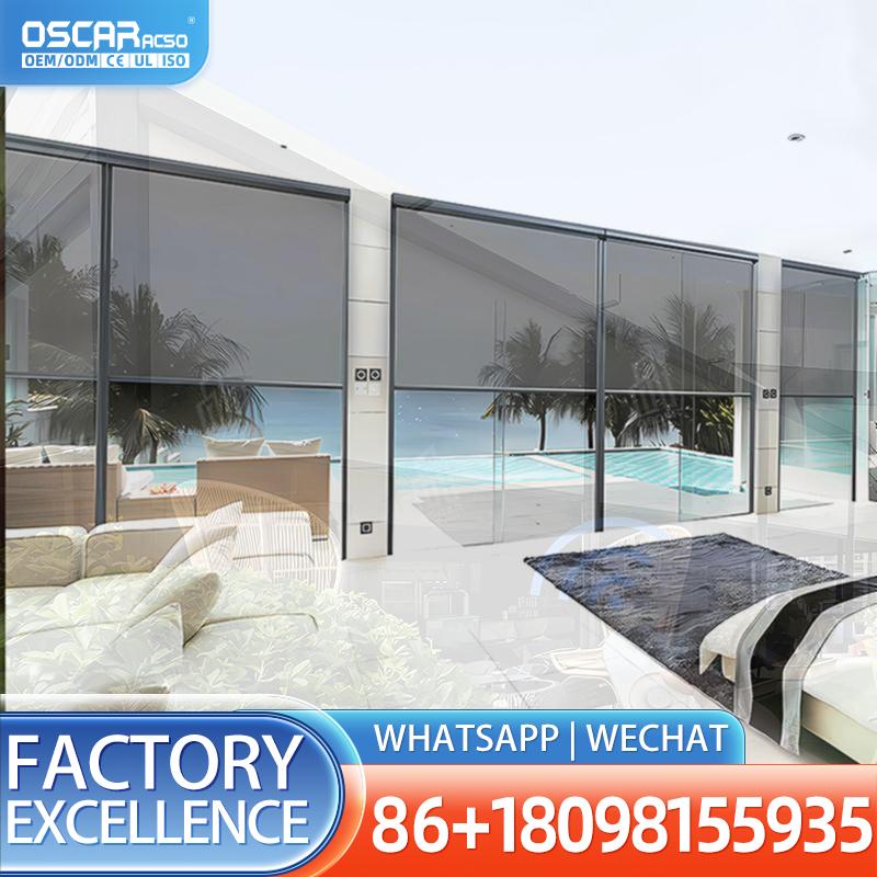 Outdoor Power Blinds - ม่านม้วนไฟฟ้าแนวตั้ง ป้องกันลม ดีไซน์คลาสสิก ทำจากอะลูมิเนียม สำหรับใช้ภายนอกบ้าน ระเบียง