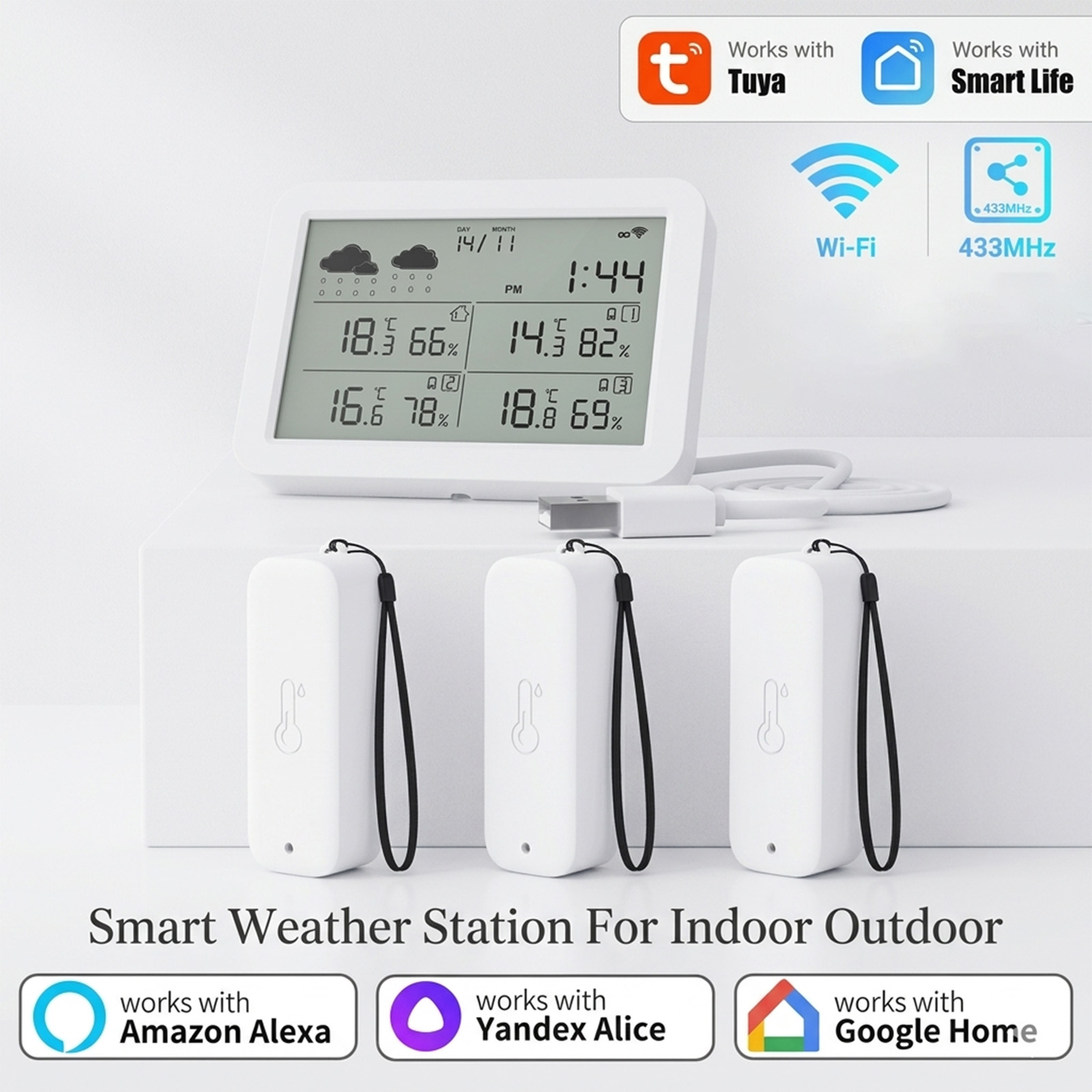 Outdoor Power Meter - สถานีตรวจอากาศ Tuya WiFi+RF433, สมาร์ทโฮมในร่มและกลางแจ้ง, เซ็นเซอร์วัดอุณหภูมิและความชื้นพร้อมนาฬิกา, กันน้ำระดับ