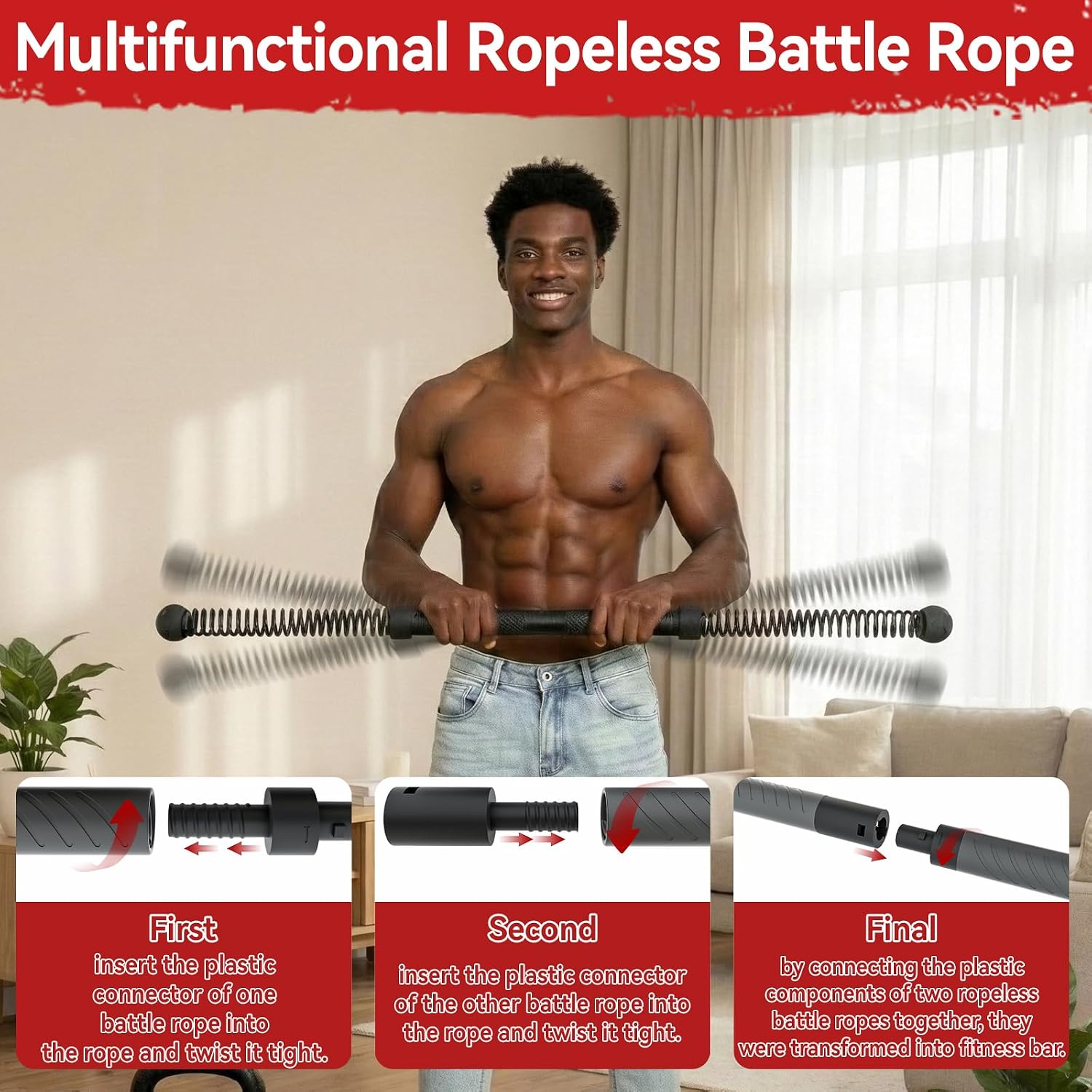 Outdoor Power Bar - อุปกรณ์ออกกำลังกายแบบ 2-in-1 รุ่นอัพเกรด: เชือกออกกำลังกายไร้สายพร้อมบาร์บิดตัว, อุปกรณ์ฝึกความแข็งแรงด้วยสปริงยืดหยุ่นสูง, อุปกรณ์ออกกำลังกายสำหรับการบริหารกล้ามเนื้อทั่วร่างกายเพื่อเสริมสร้างความแข็งแรงของร่างกายส่วนบน,