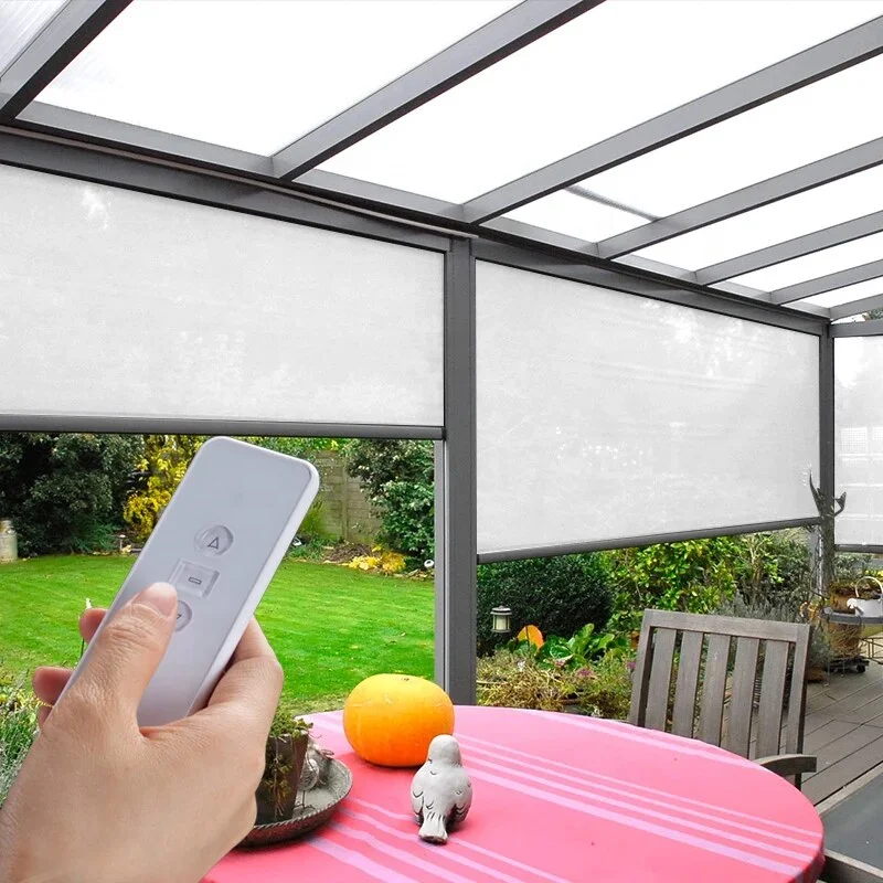 Outdoor Power Blinds - # Hot Sun Shade กลางแจ้งพลังงานแสงอาทิตย์ผ้าม่านภายนอกหน้าจอ Zip